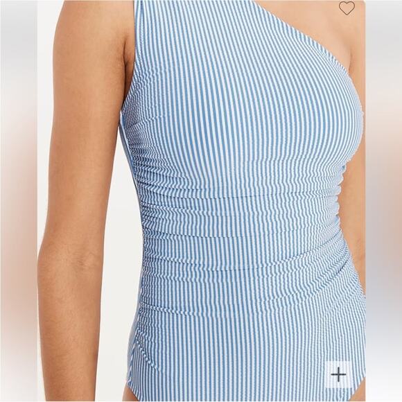 J.CREW Ruched One Shoulder One Piece in Seersucker Light Blue Ruched Sides NEW - Picture 2 of 12